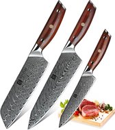 Ensemble de 3 Couteaux de cuisine de Luxe et professionnels en acier damas (67 couches, VG10) et manches en palissandre | Xinzuo B27 Yi | Couteau de chef + couteau Santoku + couteau à légumes