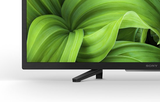 Onderkant van een Sony TV met standaards en groene bladeren op het scherm.