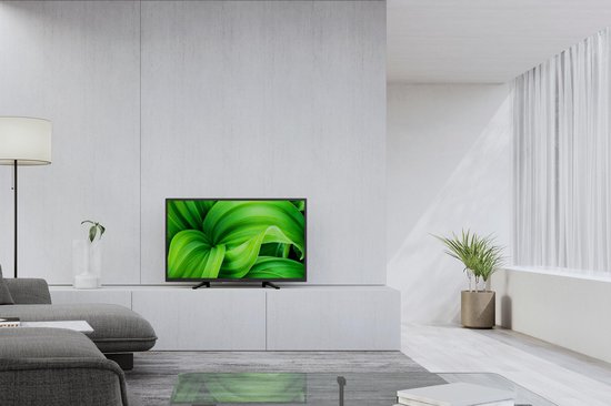 Een Sony TV met een afbeelding van groene bladeren staat in een modern ingerichte woonkamer.
