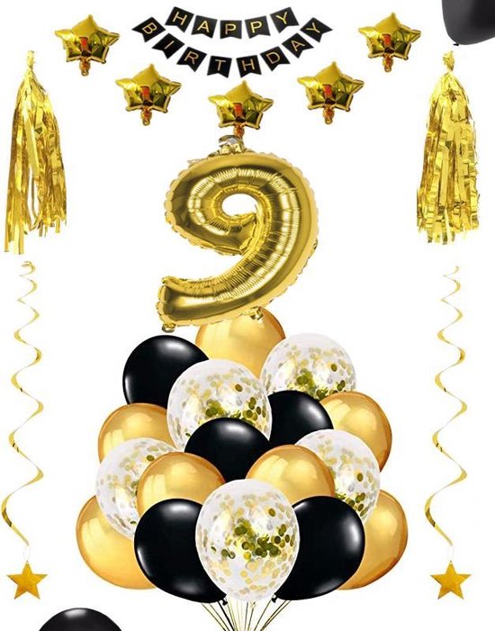 9 jaar verjaardag feest pakket Versiering Ballonnen voor feest 9 jaar. Ballonnen slingers sterren opblaasbaar cijfer 9.