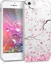 kwmobile telefoonhoesje voor Apple iPhone SE (1.Gen 2016) / 5 / 5S - Hoesje voor smartphone in poederroze / donkerbruin / transparant - Kersenbloesembladeren design