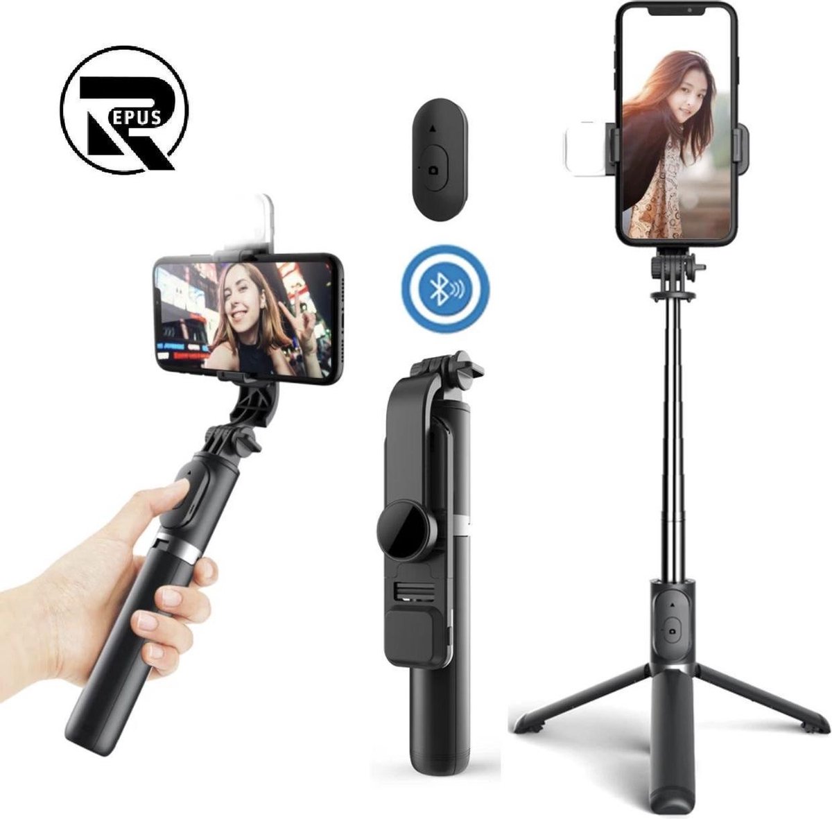 Repus - 3 in 1 Selfie Stick Tripod met led - universeel - 360graden draaien - afstandbediening Bluetooth - Zwart - Smartphone Vlog Tripod - tiktok - insta - tripod houder -