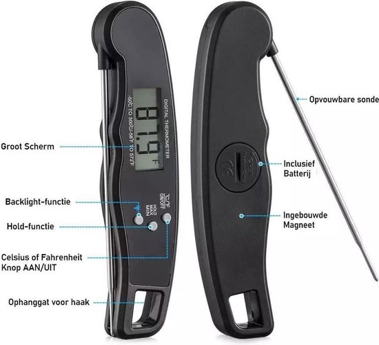 Premium digitale keuken thermometer met flashlight- vleesthermometer - kookthermometer - bbq thermometer - suikerthermometer en hold functie - ny & nom
