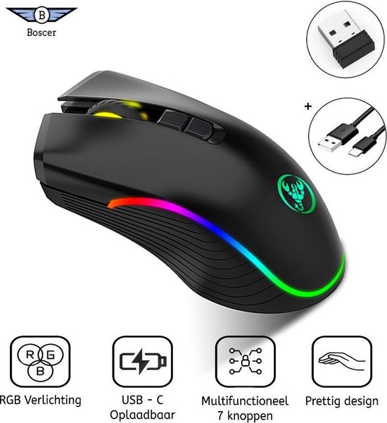 Boscer® Draadloze Gaming Muis | RGB Verlichting | Bluetooth | 7 Knoppen |... | bol.com