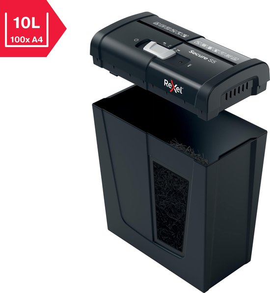 Zwarte Rexel S5 papierversnipperaar, 10L inhoud, voor 100 vel A4.