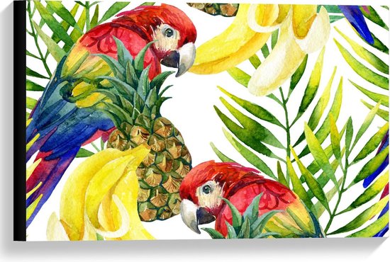 Canvas  - Geschilderde Papagaaien met Fruit - 60x40cm Foto op Canvas Schilderij (Wanddecoratie op Canvas)