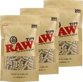 Raw Natural Unbleached Pre Rolled Tips / Tipjes 3 Zakjes a 200 Stuks (600 Tipjes)
