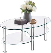 COSTWAY salontafel van gehard glas, 3-laags moderne ovale theetafel met ruim glazen blad, moderne gladde glazen tafel met open opberg plank en stevige stalen poten, bijzettafel voor de woonka