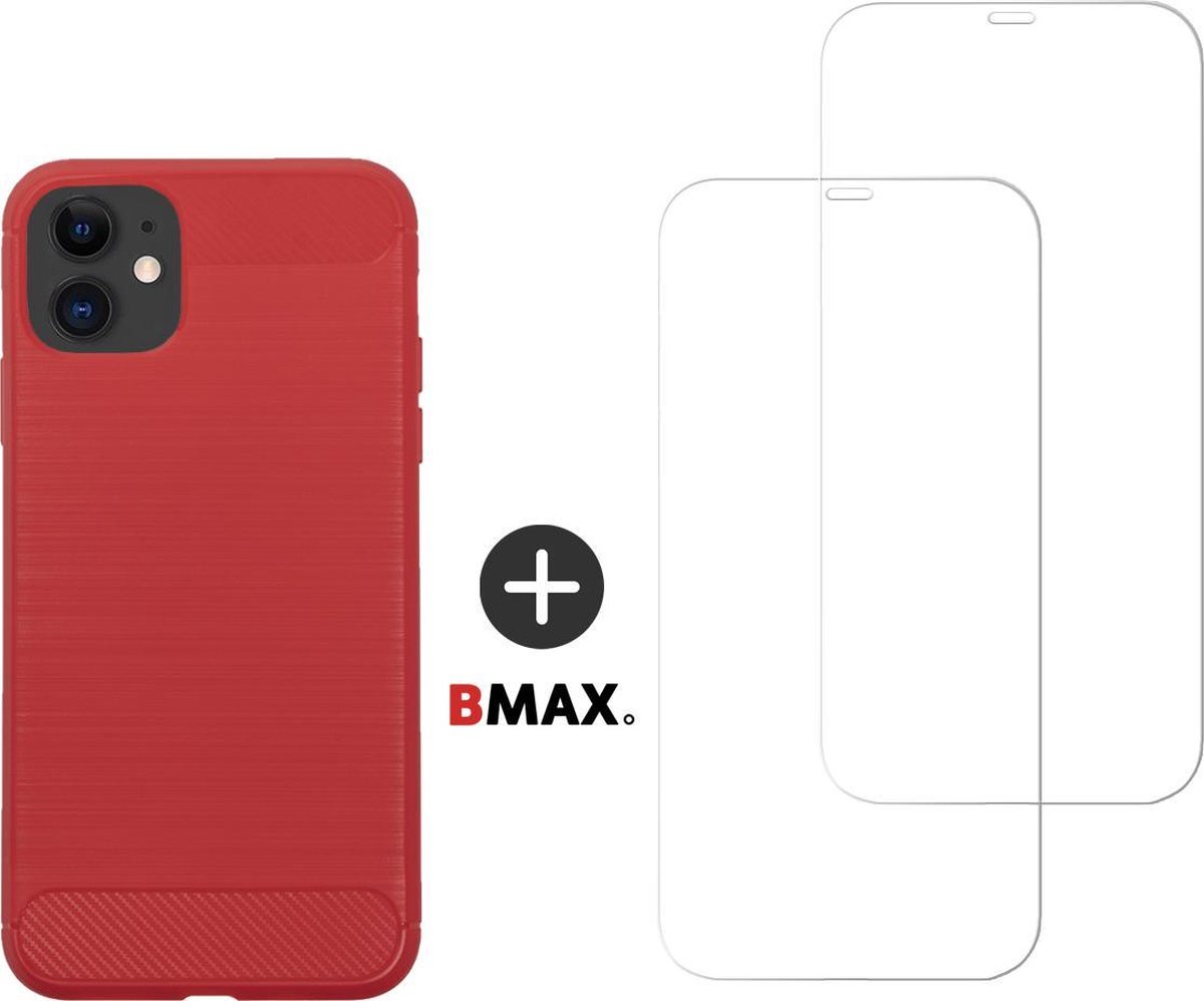 BMAX Telefoonhoesje geschikt voor iPhone 11 - Carbon softcase hoesje rood - Met 2 screenprotectors