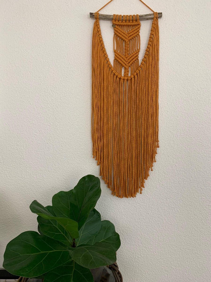 Macrame wandkleed Meyan, muur decoratie , macrame knopen, muur hanger - 204 - Oker