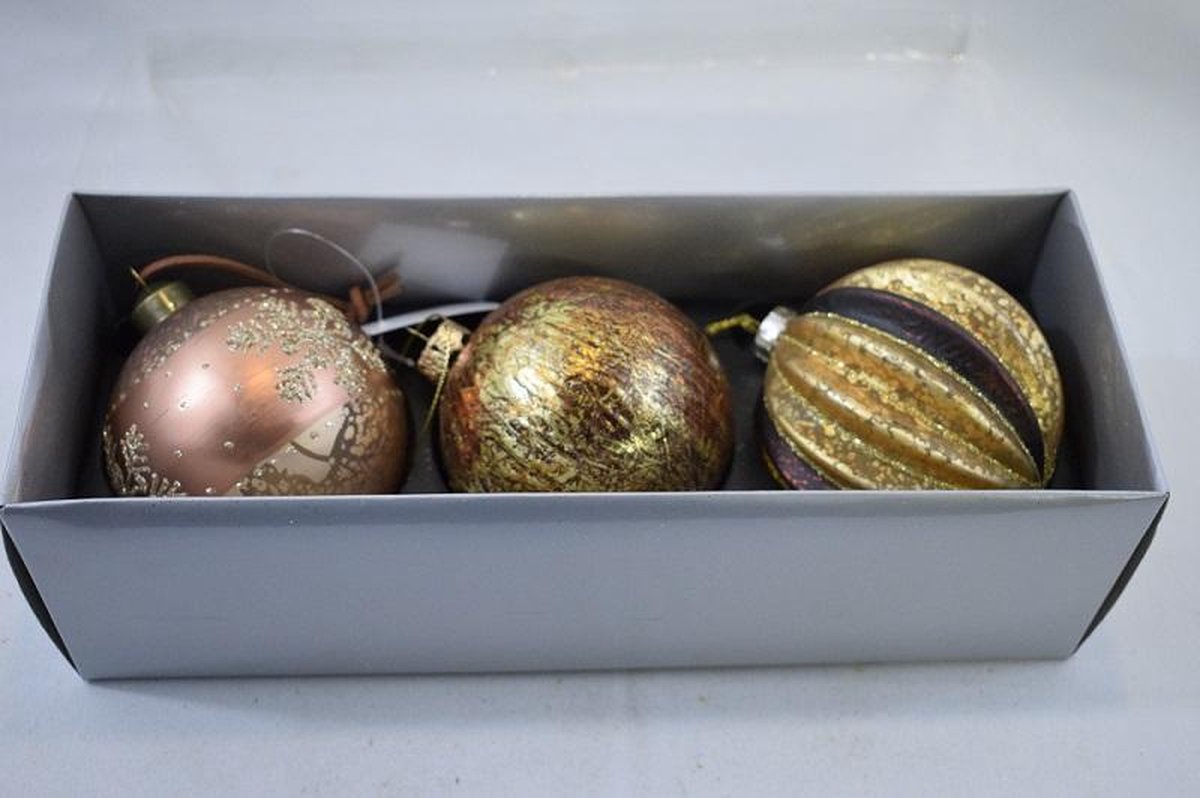 Set van 3 kerstballen goud/koper: Ø 7 cm. Glas