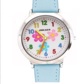 Horloge- bloem- blauw- leer-Charme Bijoux