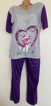 Dames pyjamaset korte mouw lange broek met kattenprint L grijs/paars