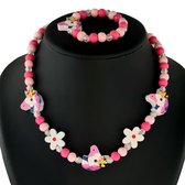 Fako Bijoux® - Kinderketting en Armband - Hout - Eenhoorn & Bloemetjes Roze