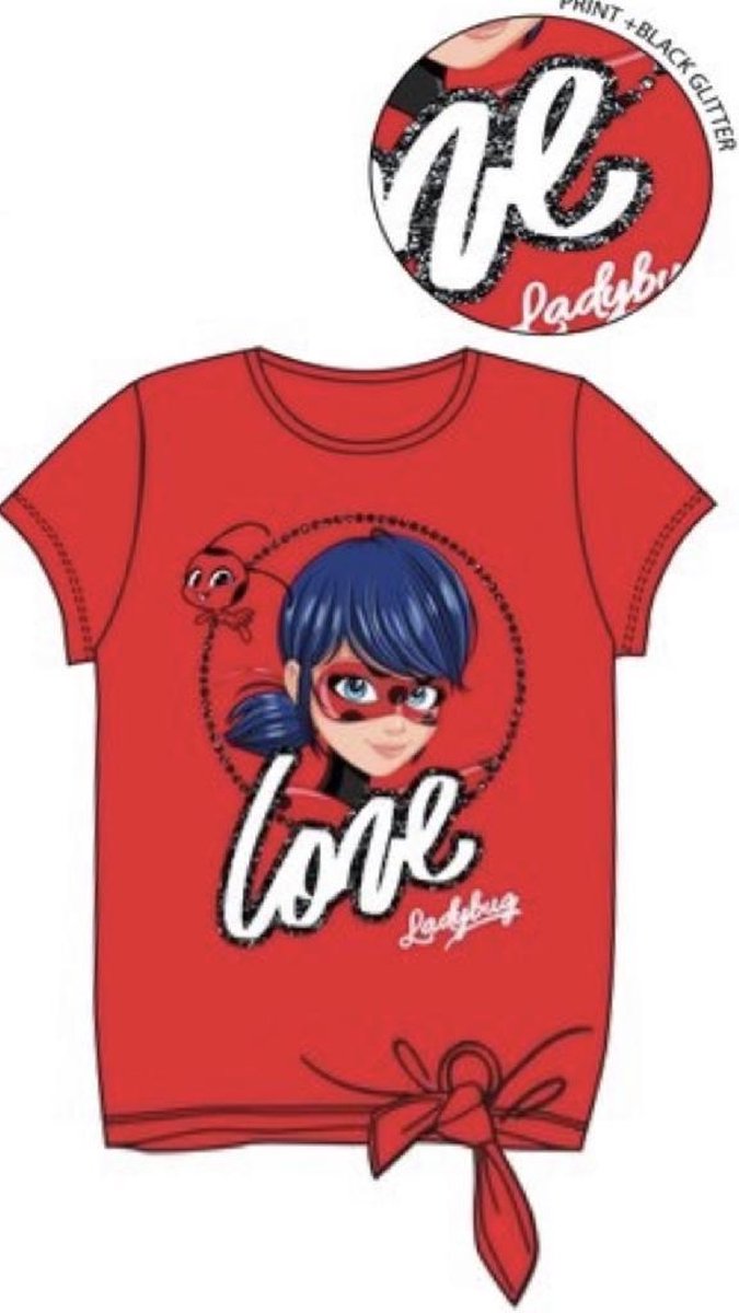 Miraculous Ladybug T-shirt - LOVE met knoop - rood - maat 104 (4 jaar)