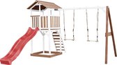 AXI Beach Tower Speeltoestel in Bruin/Wit - Speeltoren met Dubbele Schommel, Rode Glijbaan en Zandbak - FSC hout - Speelhuis op palen voor de tuin
