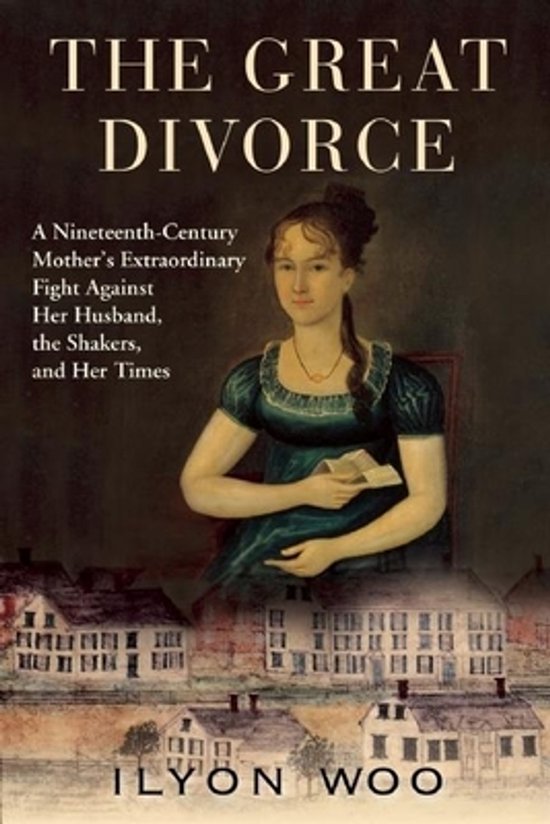 Boekomslag van The Great Divorce met een historisch portret van een vrouw in een groene jurk boven een dorp.