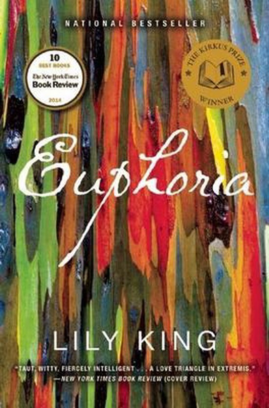 Boek 'Euphoria' van Lily King, met een kleurrijke, abstracte achtergrond en tekst "National Bestseller" en "10 Best Books The New York Times Book Review 2014".