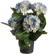 Kunst Hortensia Blauw Wit 44cm 5 bloemen in pot (ook buiten te gebruiken)