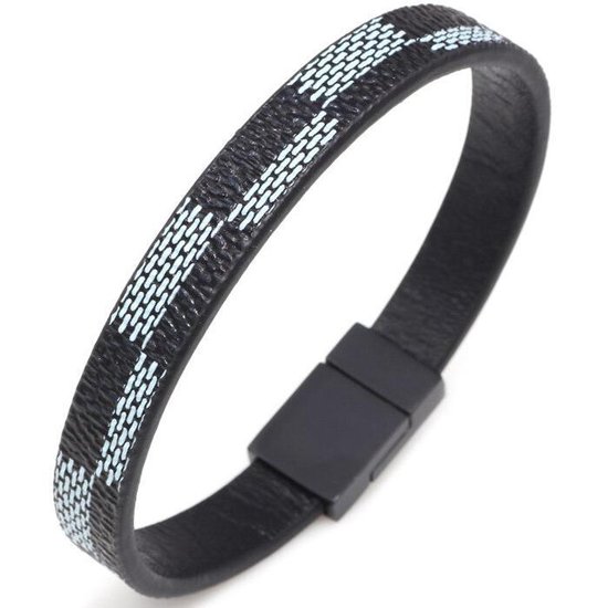 Heren Armband Leer - Monogram Patroon - Zwart met Grijs - Leren Armbanden - Cadeau voor Man - Mannen Cadeautjes