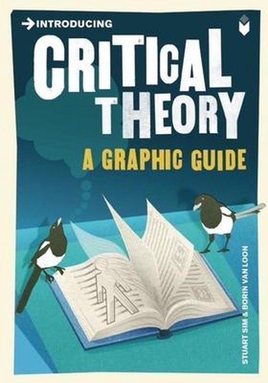Boekomslag: 'Introducing Critical Theory: A Graphic Guide'. Een open boek met vogels, op een donkerblauwe achtergrond.