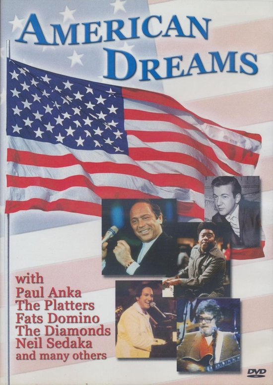 DVD hoes voor "American Dreams" met een Amerikaanse vlag en vier foto's van artiesten, waaronder Paul Anka.