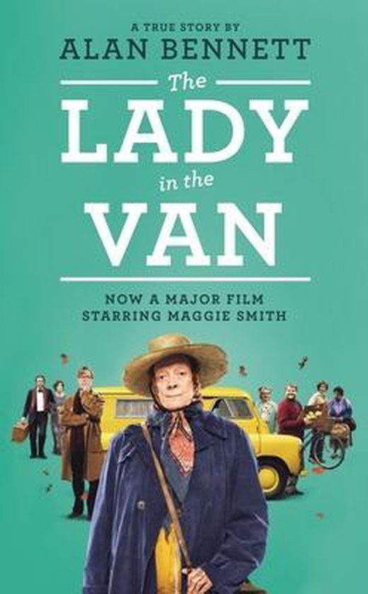 Boekcover: "The Lady in the Van" van Alan Bennett, met Maggie Smith in een geel busje, nu een film.