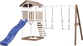 AXI Beach Tower Speeltoestel in Bruin/Wit - Speeltoren met Dubbele Schommel, Blauwe Glijbaan en Zandbak - FSC hout - Speelhuis op palen voor de tuin