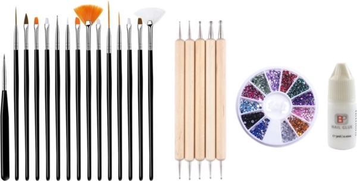 Goedkoopste GUAPÀ - Nagel Penselen Set Zwart Rhinestones Diverse Kleuren Druppel & Dotting Pennen Nagellijm - Nail Art, Acryl & Gel Nagels - 4 Delige Set