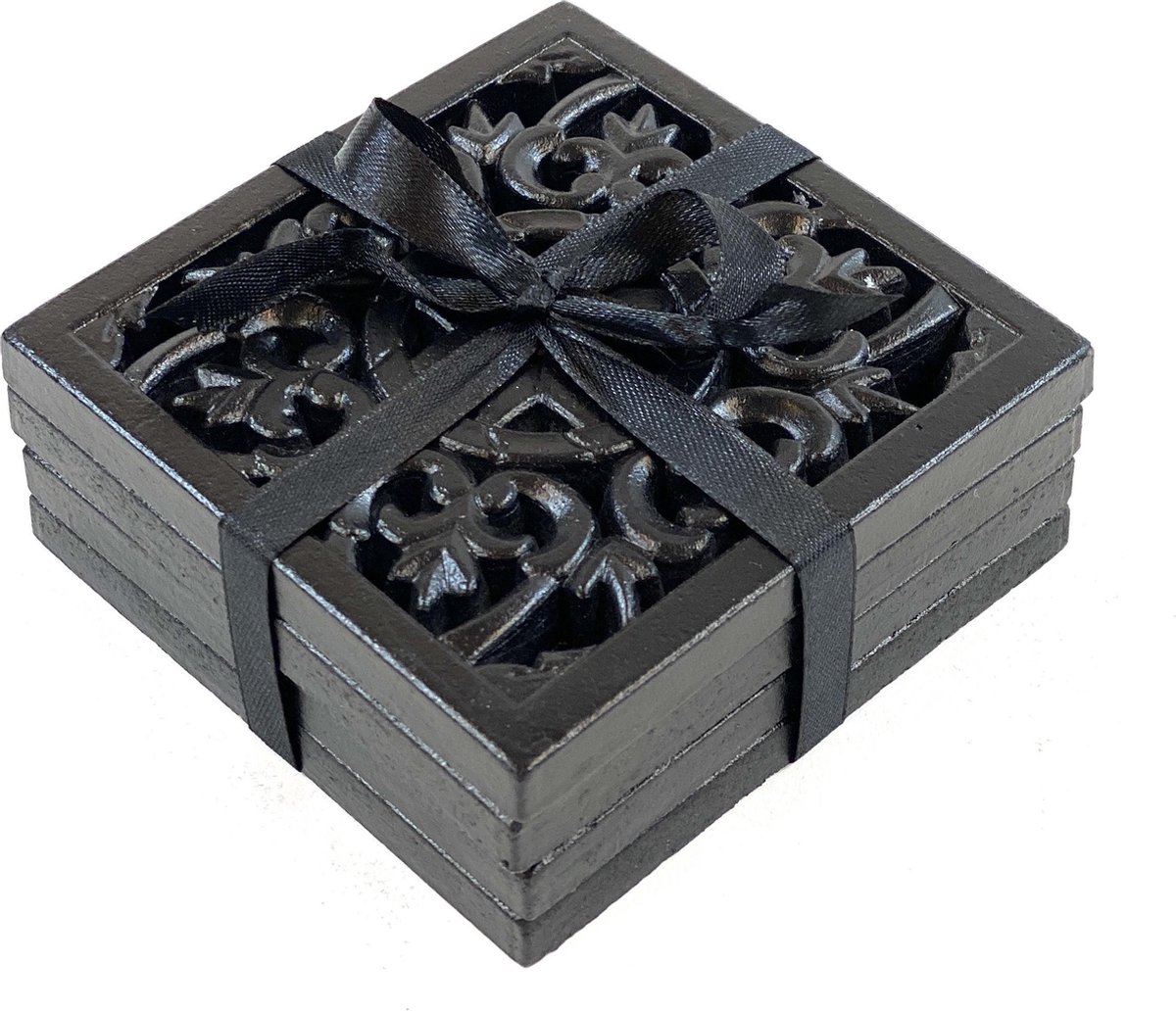 Lucy’s Living Luxe FLOWER Onderzetter Zwart - 4 STUKS – 10 x 10 cm – dolomiet  - bekers - glazen - decoratie – tafelaccessoires - handgemaakt