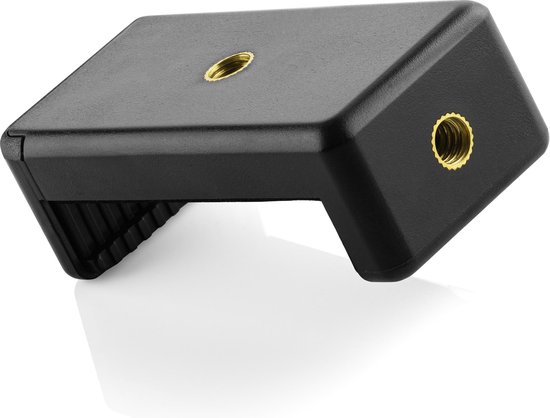 Zwarte adapter met schroefdraad voor camera statief, op een witte achtergrond.