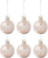 J-Line Doos Van 6 Kerstballen Kroon Pluim Licht Roze Glas Klaar Small