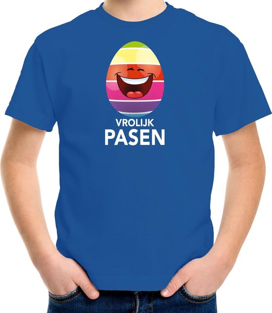 Lachend Paasei vrolijk Pasen t-shirt / shirt - blauw - kinderen - Paas kleding / outfit 158/164