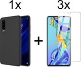 Huawei P30 hoesje zwart siliconen case hoes cover hoesjes - 3x Huawei P30 screenprotector