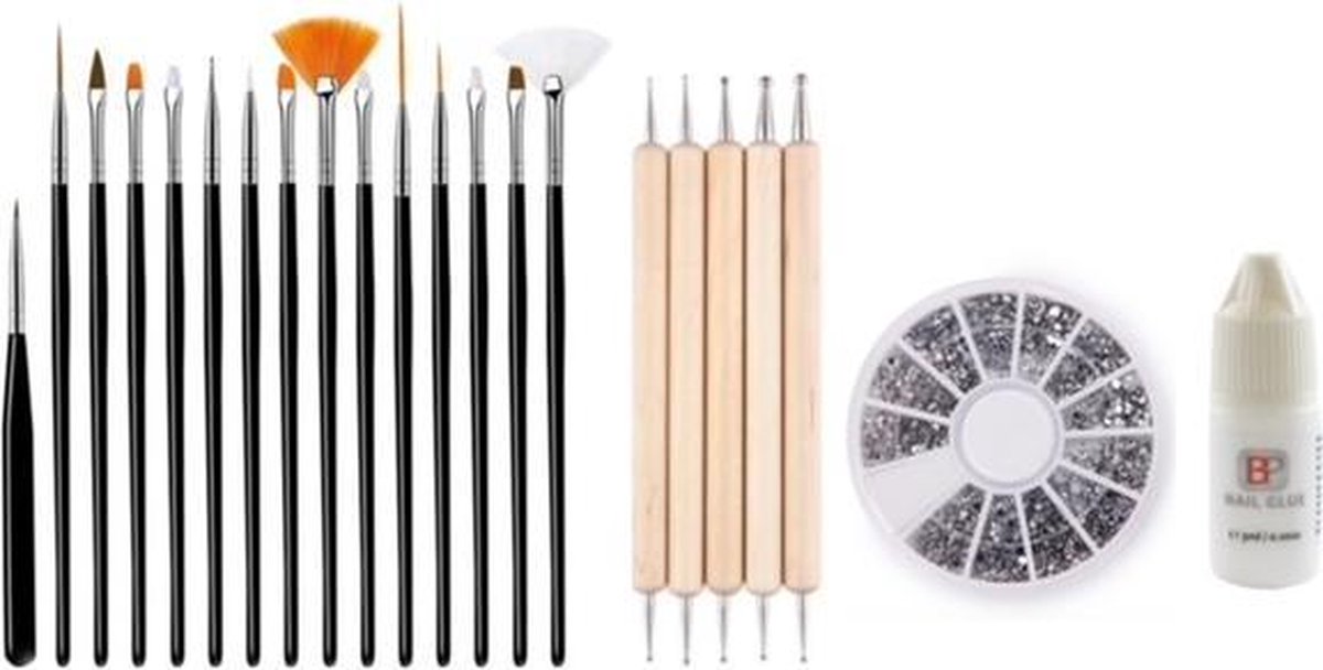 Goedkoopste GUAPÀ - Nagel Penselen Set Zwart Rhinestones Zilver Druppel & Dotting Pennen Nagellijm - Nail Art, Acryl & Gel Nagels - 4 Delige Set