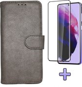 HB Hoesje Geschikt voor Samsung Galaxy S21 Grijs & Volledige Display Screenprotector - Luxe Kunstlederen Portemonnee Book Case