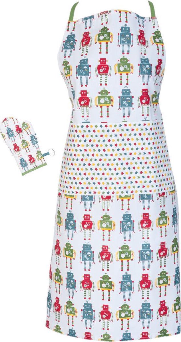 Clayre & Eef - Schort & Ovenwant - Robots - 100% Katoen - 70x85cm/16x30cm