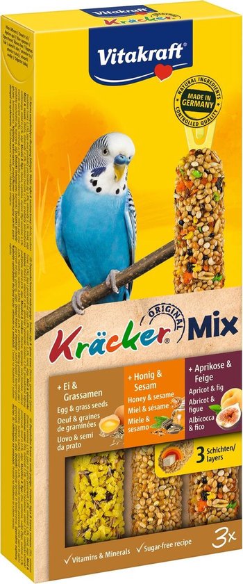 Foto: Vitakraft kr cker trio mix parkiet honing fruit en ei 3 stuks 80 gram