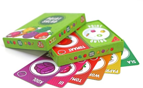 Groene speldoos met groenten en kaarten met groenten: kool, ui, tomaat, wortel, paprika en sla.