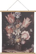 Clayre & Eef Wandkleed 80x100 cm Zwart Roze Hout Textiel Rechthoek Bloemen Wanddoek Wandhanger Wandkaart