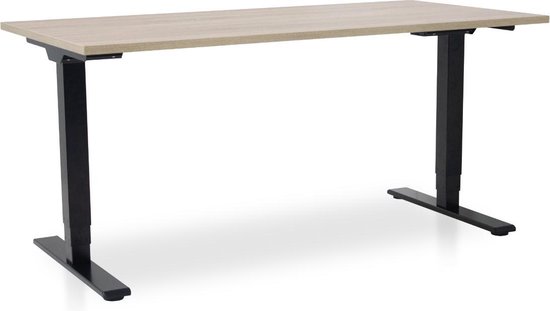 Foto: Zit sta bureau elektrisch verstelbaar mrc comfort nen en 527 180 x 80 cm frame zwart blad midden eiken 130 cm hoog 100kg draagvermogen