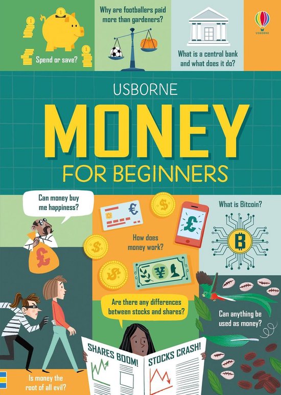 Boek "Usborne Money for Beginners" met illustraties over geld, sparen, aandelen, Bitcoin en meer.