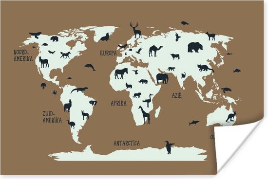 Witte wereldkaart met dieren Poster | Wereldkaart Poster 180x120 cm
