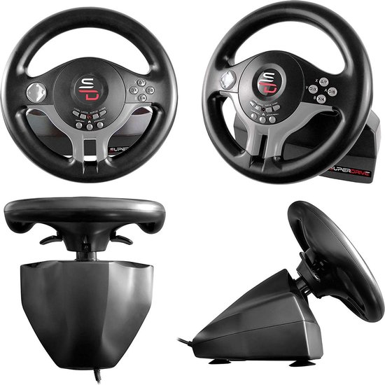 Collage van vier afbeeldingen van een zwart Subsonic Superdrive gaming stuurwiel met pedalen.