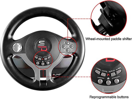 Zwart gaming stuurwiel met pijlen die wijzen naar "Wheel-mounted paddle shifter" en "Reprogrammable buttons".