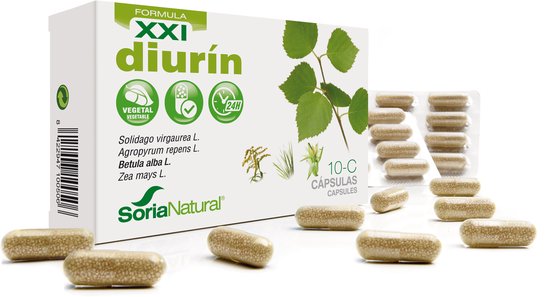 Diurin XXI: verpakking met 10 plantaardige capsules, omringd door capsules, met bladeren en gras.