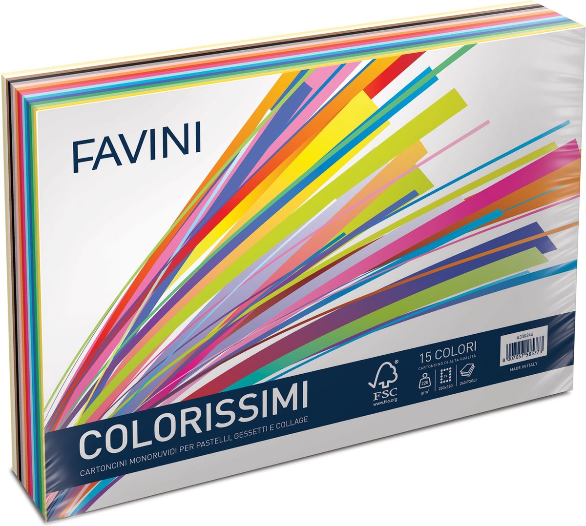 FAVINI COLORISSIMI 100 vel viltmarkering grof papier 250 x 350 mm 220 g/m2 Pastels & Collage 15 kleuren ± 7 vel/kleur