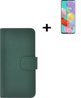 Oppo A73 5G Hoesje - Oppo A73 5G Screenprotector - Oppo A73 5G Wallet Book Case Echt Leer Dennengroen + Screenprotector