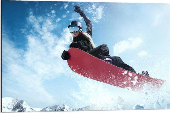 Dibond - Snowboardster met Roze Bord  - 90x60cm Foto op Aluminium (Met Ophangsysteem)