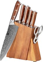 Ensemble de Couteaux de cuisine de Luxe et professionnels 7 pièces en acier Damas (67 couches, VG10) et poignées en bois de fer du désert - avec bloc de couteaux en bois d'acacia - B13 Yu